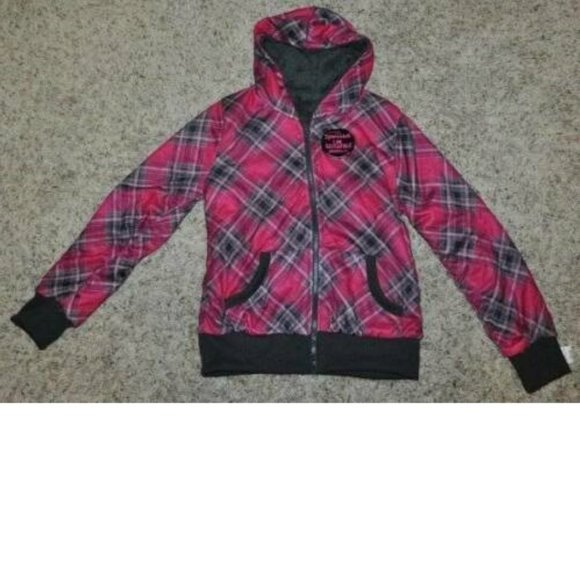 *Reversible Jacket Mamba sz 10/12 Pink Plaid Fleece Hooded Zip Front PLUS Girls - Picture 2 of 7